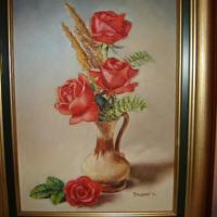 vase de roses huile sur toile 4 F 24 x 33 cm (à vendre)